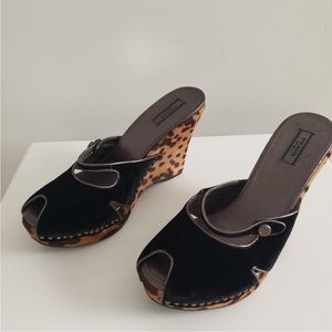 Prada Velvet and Leopard Print Studded Wedges 37.5